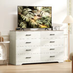 Cassettiera 8 Cassetti Moderna in Legno, 140x40x86 cm, Noce e Grigio Chiaro - immagine 6