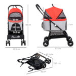 Passeggino per Cani Pieghevole con Trasportino Rimovibile e Tettuccio, 82x49,5x98cm, Rosso - immagine 3