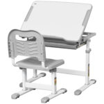 Banco Scuola per Bambini 6-12 Anni con Sedia e Altezza Regolabile, Piano Inclinabile, 66x47x52-77 cm, Grigio