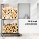 Portalegna da Esterno e Interno a Due Livelli con Ruote in Acciaio Rinforzato, 60x30x119 cm, Nero - immagine 5