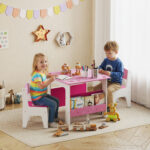 Set Tavolo con 2 Sedie per Bambini 3-8 Anni, Tavolino con Scaffale in Legno MDF con Disegni a Cuori, Rosa - immagine 2
