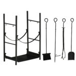 Portalegna da Interno ed Esterno Rialzato a 2 Ripiani, Porta Legna da Ardere in Metallo con Supporti Rimovibili, Paletta, Scopa, Attizzatoio e Pinza, Capacità 70 kg, 44,5x29,5x73 cm, Nero