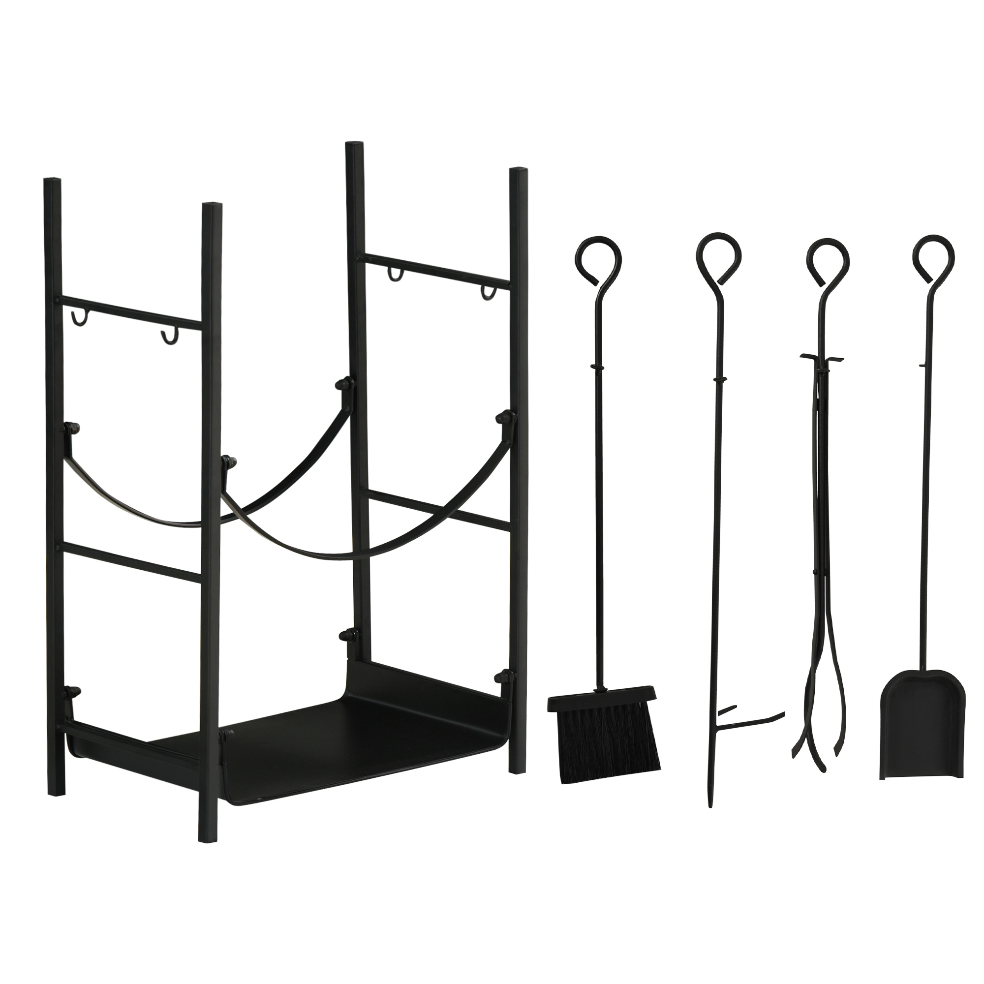 9DId9519ba241c5f8.jpg Portalegna da Interno ed Esterno Rialzato a 2 Ripiani, Porta Legna da Ardere in Metallo con Supporti Rimovibili, Paletta, Scopa, Attizzatoio e Pinza, Capacità 70 kg, 44,5x29,5x73 cm, Nero - immagine 1