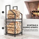 Portalegna a 2 Livelli in Metallo con Base Rialzata, 34x30x80 cm, Nero - immagine 4
