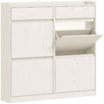 Scarpiera Slim in Legno con 4 Cassetti a Ribalta e 2 Cassetti Scorrevoli, 98x19,2x95,3 cm, Bianco