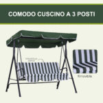 Dondolo da Giardino a 3 Posti con Tettuccio Inclinabile e Cuscini, 172x110x153 cm, Verde - immagine 7
