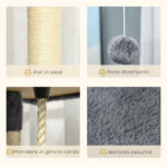 Albero Tiragraffi per Gatti Alto con Casette e Amache, 60x60x2cm, Grigio Chiaro - immagine 5