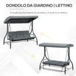 Dondolo da Giardino 3 Posti Convertibile in Lettino con Tettuccio Regolabile, Grigio Scuro - immagine 5