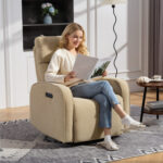 Poltrona Reclinabile Elettrica in Ciniglia con Poggiapiedi, Poggiatesta Regolabile e Prese, 80x93x103 cm, Beige - immagine 2