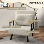 Poltrona Letto 3 in 1 con Schienale Reclinabile e Cuscino, in Tessuto Effetto Velluto, 63x73x81 cm, Crema - immagine 6