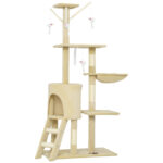 Torre per Gatti con Casetta, Trespolo, Piattaforme e 4 Topolini Appesi, 60x35x134 cm, Beige