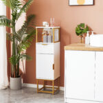 Mobile Colonna Bagno con Cassetto, Armadietto e Ripiano in Legno e Metallo, 30x30x105cm, Bianco - immagine 2
