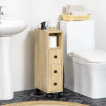Armadietto da Bagno a Colonna, Mobile Bagno con 4 Ruote, 1 Cassetto 1 Armadietto con Anta 2 Armadietti Aperti, Color Rovere, 18x30x68,5 cm - immagine 2