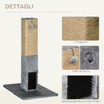 Albero Tiragraffi per Gatti con 2 Palline Giocattolo e Spazzola, in Legno, Iuta e Peluche, 59,5x39x79 cm, Grigio - immagine 5