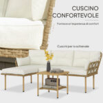 Set da Giardino 3pz con Chaise Longue, Divanetto, Cuscini e Tavolino, in Rattan e Acciaio, Bianco Crema e Legno - immagine 5