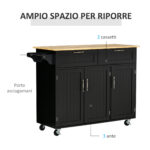 Carrello da Cucina in Legno con 2 Cassetti, Armadietto 3 Ante e 4 Ruote, 121x46x91cm, Nero - immagine 4