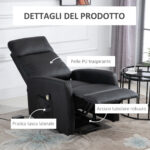 Poltrona Elettrica Alzapersona 45°, Poltrona Relax Elettrica Reclinabile a 145° con Telecomando e Poggiapiedi, in Pelle PU Nero, 67x95x105 cm - immagine 7