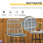 Set Mobili da Giardino 3 Pezzi con Tavolino e Sedie in Rattan PE, Poilestere e Acciaio per Esterni, Grigio - immagine 4