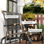 Panchina a Dondolo da Giardino a 3 Posti in Metallo e Tessuto a Rete Traspirante, 147x70x85cm, Nero - immagine 8