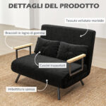 Divano Letto 3 in 1 in Tessuto Effetto Velluto con Schienale Regolabile e 2 Cuscini, 102x73x81 cm, Nero - immagine 6