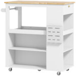 Carrello Isola da Cucina con Ripiani Regolabili, Portacoltelli e Piano in Legno, 86,5x47x88 cm, Bianco