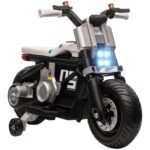 Moto Elettrica per Bambini 3-5 Anni in PP e Metallo con Rotelle, Clacson e Musica, 86x44x58 cm, Bianca e Nera