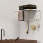 Portasciugamani a Parete Pieghevole con 5 Barre e 6 Ganci in Legno e Acciaio, 60x32,5x20 cm, Bianco - immagine 8