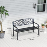 Panchina da Giardino in Metallo con Schienale Decorato, 127x60x87cm - Nero - immagine 3