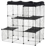 Recinto per Animali Domestici Modulabile e Multilivello con Rampa e 2 Porte in Acciaio e PP, 105x70x116 cm, Nero