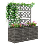 Fioriera con Grigliato per Rampicanti con 3 Vasi in Acciaio e Rattan PE, 84x30x107cm, Grigio