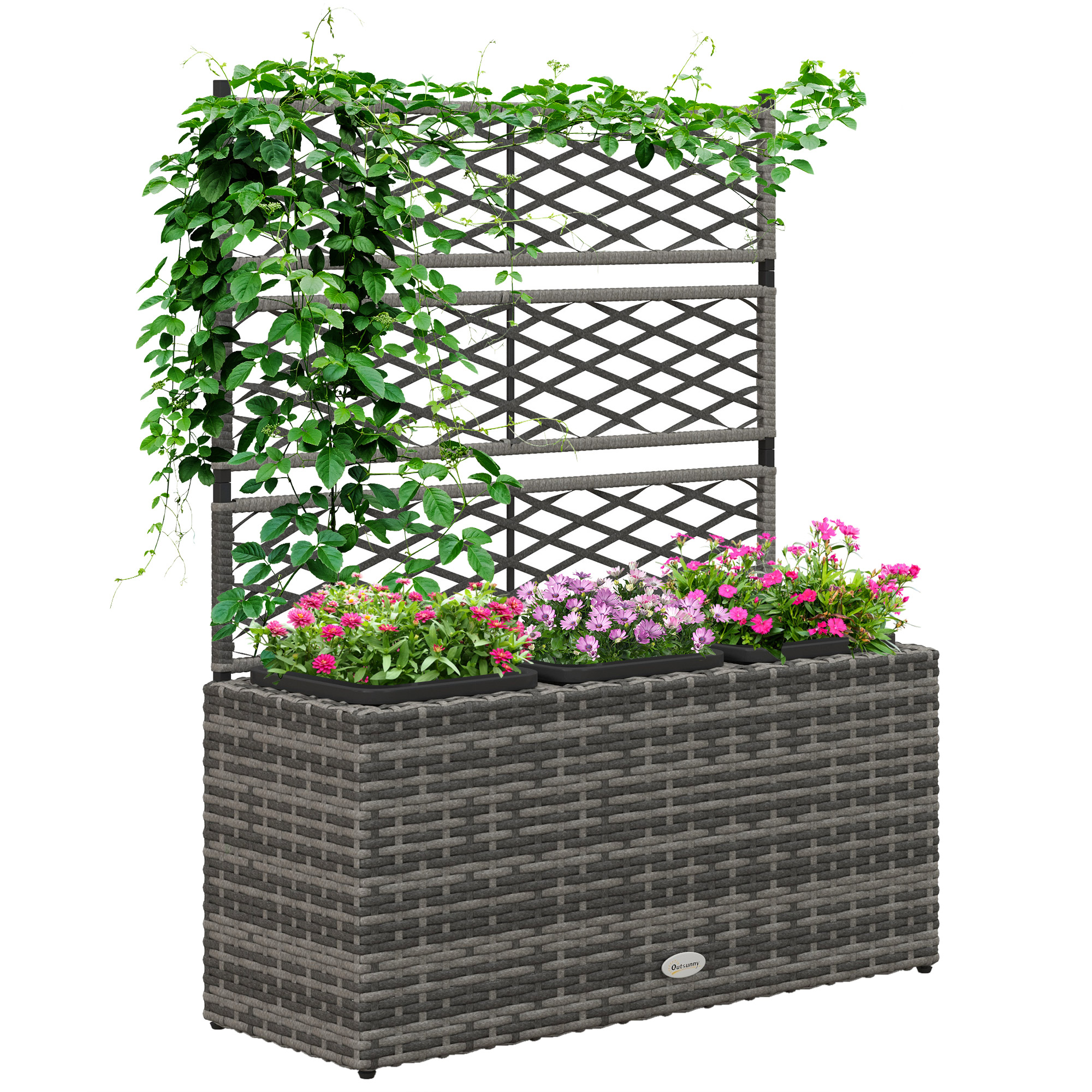 Blgc2818c9077dbab.jpg Fioriera con Grigliato per Rampicanti con 3 Vasi in Acciaio e Rattan PE, 84x30x107cm, Grigio - immagine 1