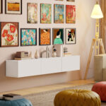 Mobile Porta TV fino a 82" Sospeso con 3 Armadietti a Ribalta e Ante Soft Close, Bianco - immagine 9