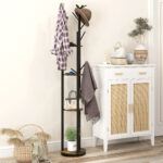 Appendiabiti da Terra Girevole con 8 Ganci e 4 Mensole in Stile Industriale, Ø30x175cm, Marrone - immagine 2