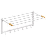 Portasciugamani a Parete Pieghevole con 5 Barre e 6 Ganci in Legno e Acciaio, 60x32,5x20 cm, Bianco