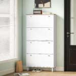 Scarpiera Slim con 4 Cassetti Ribaltabili e Ripiani Regolabili per 24-32 Scarpe, 80x23,5x157 cm, Bianco - immagine 8