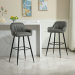 Set 2 Sgabelli da Bar Moderni con Poggiapiedi e Schienale, Finta Pelle PU e Acciaio, Grigio - immagine 2