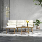 Set da Giardino 3pz con Chaise Longue, Divanetto, Cuscini e Tavolino, in Rattan e Acciaio, Bianco Crema e Legno - immagine 8