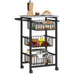 Carrello da Cucina a 3 Cestelli con Maniglia, in Acciaio e Legno, 49,5x31x69 cm, Nero e Grigio Chiaro