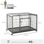 Kennel Gabbia per Cani Pieghevole a Doppia Porta con Blocco, Box per Cani con 4 Ruote con Freno e Fondo Rimovibile, 125x76x81cm, Grigio Scuro - immagine 3