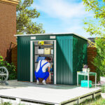 Capanno da Giardino con 2 Porte Scorrevoli e Tetto Inclinato in Lamiera d'Acciaio, 261x133x182cm, Verde - immagine 2