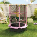 Tappeto Elastico per Bambini con Rete di Sicurezza e Pali Imbottiti Età 3-10 Anni, Ø140 x 190 cm, Rosa - immagine 2