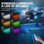 Scrivania Gaming Angolare con LED, Prese Elettriche, Supporto per Monitor e Scaffale, Nero - immagine 4