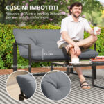 Set da Giardino 4 Pezzi con Divanetto, 2 Poltrone e Tavolino, in Acciaio, Poliestere e Cotone PP, Nero e Grigio - immagine 4