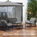 Set da Giardino 4 Pezzi con Divanetto, 2 Poltrone e Tavolino, in Acciaio, Poliestere e Cotone PP, Nero e Grigio - immagine 6