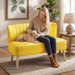 Divano 2 Posti in Tessuto Effetto Lino Senza Braccioli con Gambe in Legno, 117x56,5x77 cm, Giallo - immagine 8