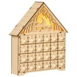 Calendario dell'Avvento in Legno con 24 Cassetti, Decorazione Natalizia con Presepe Intagliato e Luci, 26,6x6x30cm
