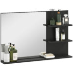 Specchio Bagno Moderno con 2 Ripiani Laterali e Ripiano Inferiore, in Legno e Vetro, 75x10x48 cm, Nero