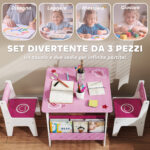 Set Tavolo con 2 Sedie per Bambini 3-8 Anni, Tavolino con Scaffale in Legno MDF con Disegni a Cuori, Rosa - immagine 4