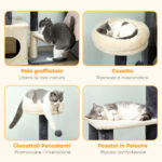 Albero Tiragraffi per Gatti Alto 92 cm con Casetta, Lettino, Pali in Sisal e Pallina, Bianco Crema - immagine 5