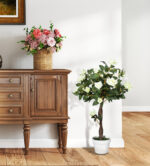 Pianta Finta di Rosa da 21 Fiori con Vaso Riempito in Cemento e Muschio, Pianta Artificiale Anti-UV in Plastica e Tessuto, Ø18x90 cm, Bianco e Verde - immagine 7